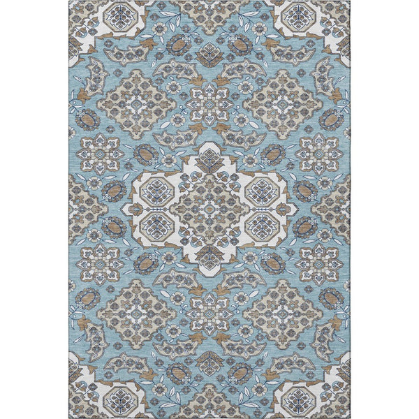 HomeRoots 9' X 12' Sky Blue & Ivory Floral Medallion Area Rug - Washable, UV Protected, Stain Resistant Design 705868