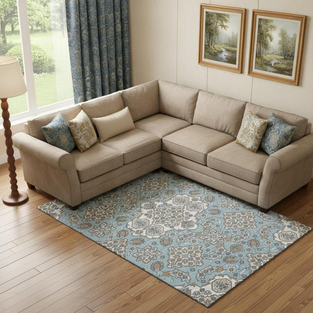 HomeRoots 10' Sky Blue and Ivory Floral Medallion Area Rug – Washable, UV-Protected, Perfect for Any Room 705869