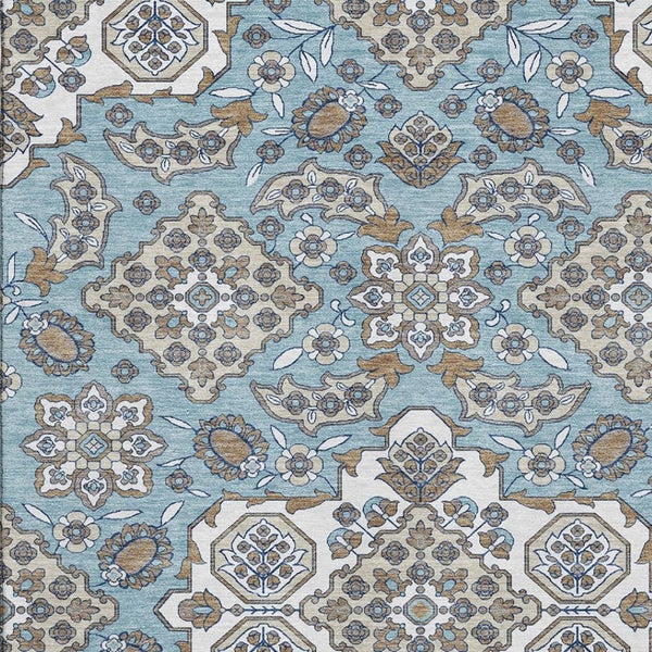 HomeRoots 10' Sky Blue and Ivory Floral Medallion Area Rug – Washable, UV-Protected, Perfect for Any Room 705869
