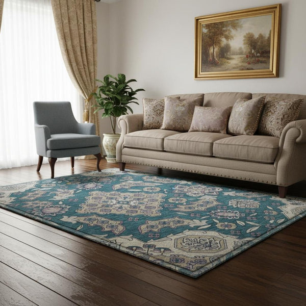 HomeRoots 5' X 8' Teal & Ivory Floral Medallion Rug - Stylish, Washable, UV-Protected, Ideal for Any Space 705871