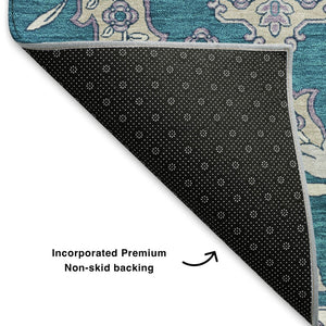 HomeRoots 5' X 8' Teal & Ivory Floral Medallion Rug - Stylish, Washable, UV-Protected, Ideal for Any Space 705871