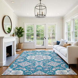 HomeRoots 5' X 8' Teal & Ivory Floral Medallion Rug - Stylish, Washable, UV-Protected, Ideal for Any Space 705871