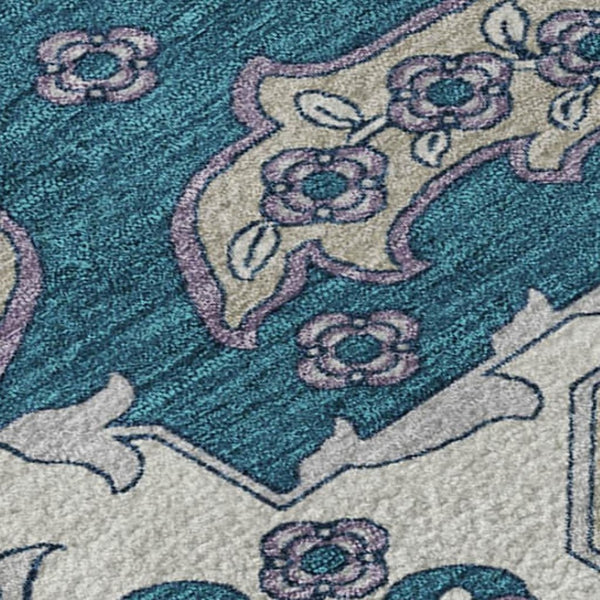 HomeRoots 5' X 8' Teal & Ivory Floral Medallion Rug - Stylish, Washable, UV-Protected, Ideal for Any Space 705871
