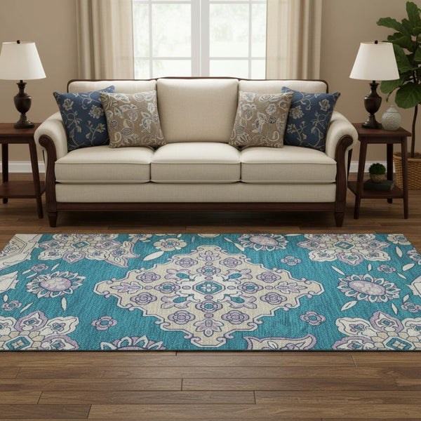 HomeRoots 8' Teal and Ivory Floral Medallion Round Rug - Washable, UV Protected, Non-Slip & Stylish Décor! 705872
