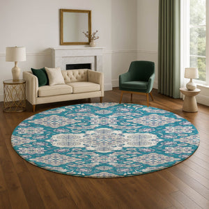 HomeRoots 8' Teal and Ivory Floral Medallion Round Rug - Washable, UV Protected, Non-Slip & Stylish Décor! 705872