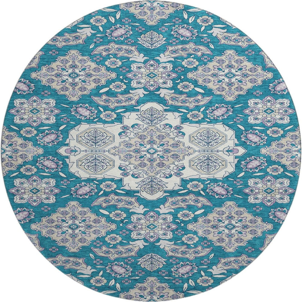 HomeRoots 8' Teal and Ivory Floral Medallion Round Rug - Washable, UV Protected, Non-Slip & Stylish Décor! 705872