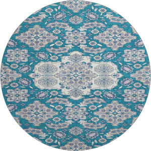 HomeRoots 8' Teal and Ivory Floral Medallion Round Rug - Washable, UV Protected, Non-Slip & Stylish Décor! 705872