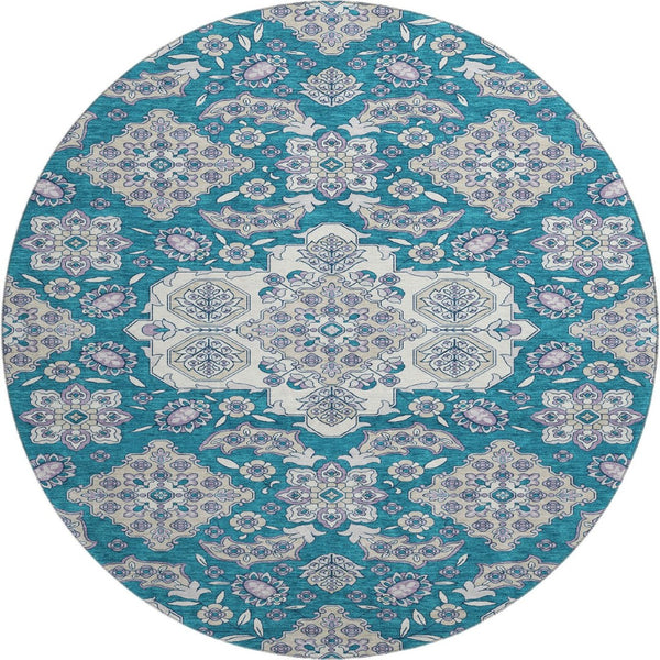 HomeRoots 8' Teal and Ivory Floral Medallion Round Rug - Washable, UV Protected, Non-Slip & Stylish Décor! 705872