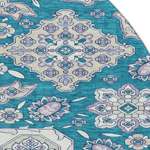 HomeRoots 8' Teal and Ivory Floral Medallion Round Rug - Washable, UV Protected, Non-Slip & Stylish Décor! 705872