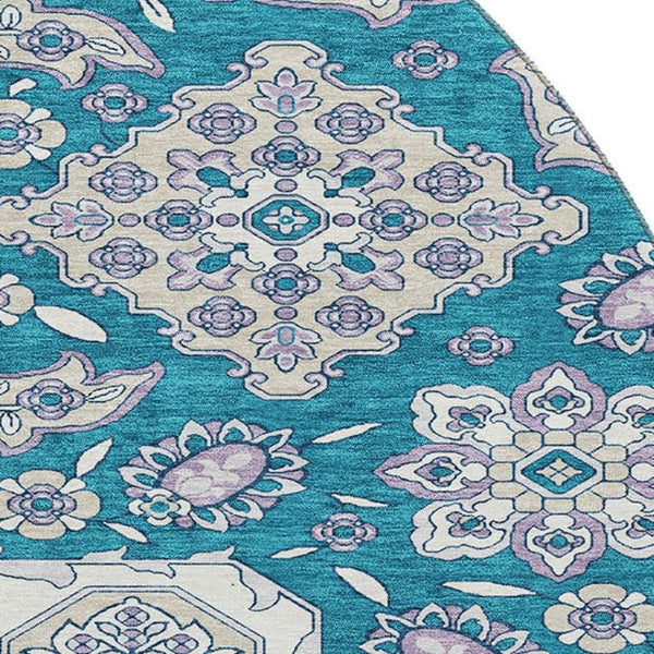 HomeRoots 8' Teal and Ivory Floral Medallion Round Rug - Washable, UV Protected, Non-Slip & Stylish Décor! 705872