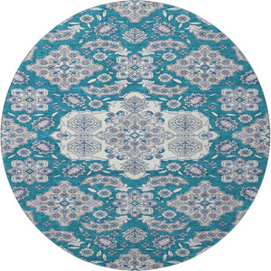 HomeRoots 8' Teal and Ivory Floral Medallion Round Rug - Washable, UV Protected, Non-Slip & Stylish Décor! 705872