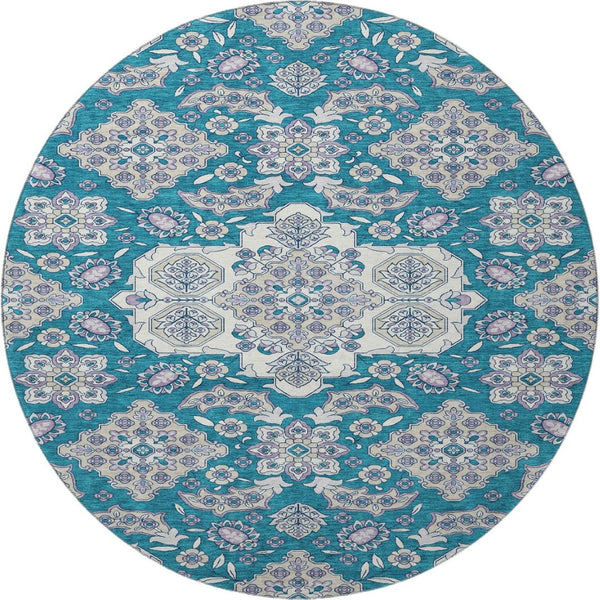 HomeRoots 8' Teal and Ivory Floral Medallion Round Rug - Washable, UV Protected, Non-Slip & Stylish Décor! 705872