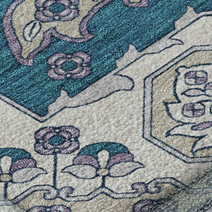 HomeRoots 8' X 10' Teal & Ivory Floral Medallion Area Rug - Durable, Stain-Resistant, UV Protected, Non-Slip! 705873