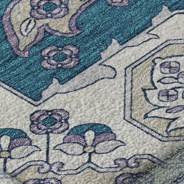 HomeRoots 8' X 10' Teal & Ivory Floral Medallion Area Rug - Durable, Stain-Resistant, UV Protected, Non-Slip! 705873