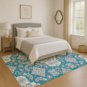 HomeRoots 9' X 12' Teal & Ivory Floral Medallion Rug - Washable, UV Protected, Durable & Stylish for Any Room 705874