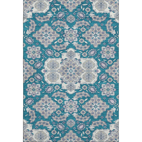 HomeRoots 9' X 12' Teal & Ivory Floral Medallion Rug - Washable, UV Protected, Durable & Stylish for Any Room 705874