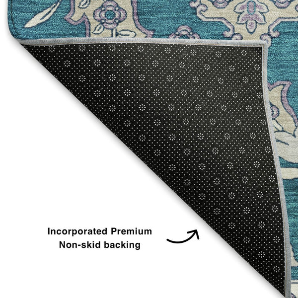HomeRoots 9' X 12' Teal & Ivory Floral Medallion Rug - Washable, UV Protected, Durable & Stylish for Any Room 705874