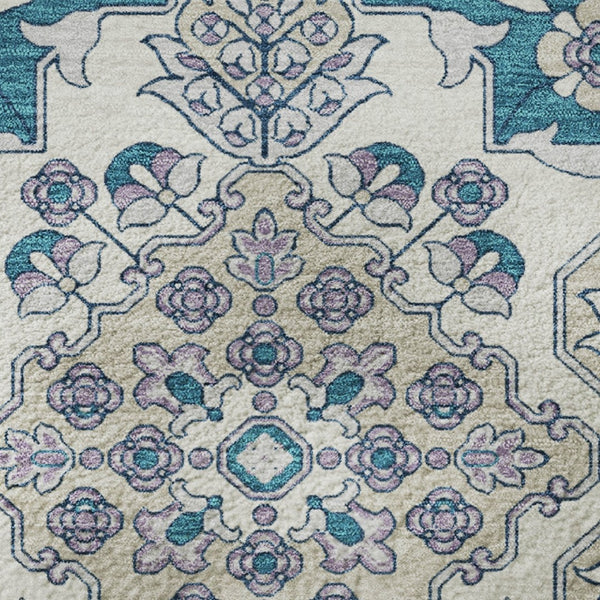 HomeRoots 9' X 12' Teal & Ivory Floral Medallion Rug - Washable, UV Protected, Durable & Stylish for Any Room 705874