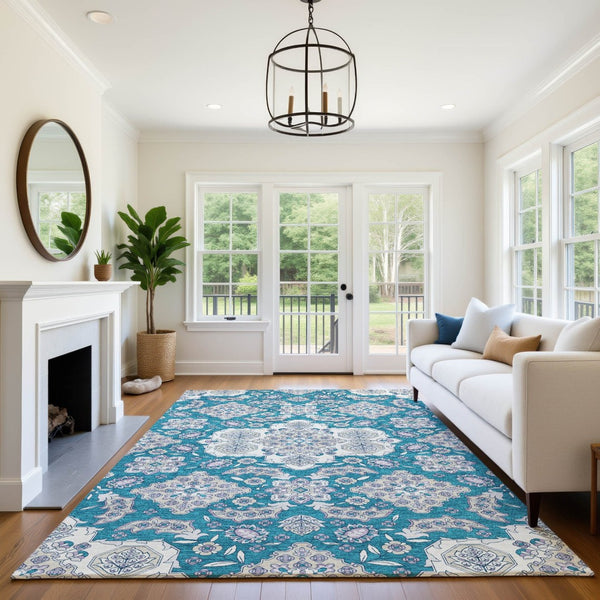 HomeRoots 9' X 12' Teal & Ivory Floral Medallion Rug - Washable, UV Protected, Durable & Stylish for Any Room 705874
