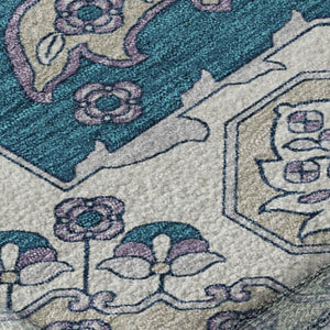 HomeRoots 9' X 12' Teal & Ivory Floral Medallion Rug - Washable, UV Protected, Durable & Stylish for Any Room 705874