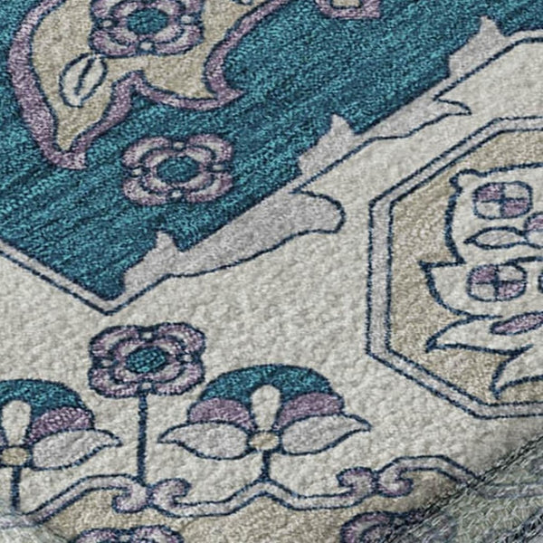 HomeRoots 9' X 12' Teal & Ivory Floral Medallion Rug - Washable, UV Protected, Durable & Stylish for Any Room 705874
