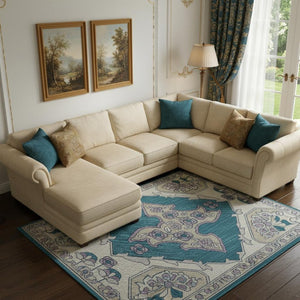 HomeRoots 10' X 14' Teal Floral Medallion Area Rug - Washable, UV Protected, Stain-Resistant & Non-Slip Backing 705875