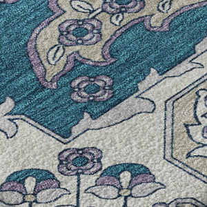 HomeRoots 10' X 14' Teal Floral Medallion Area Rug - Washable, UV Protected, Stain-Resistant & Non-Slip Backing 705875