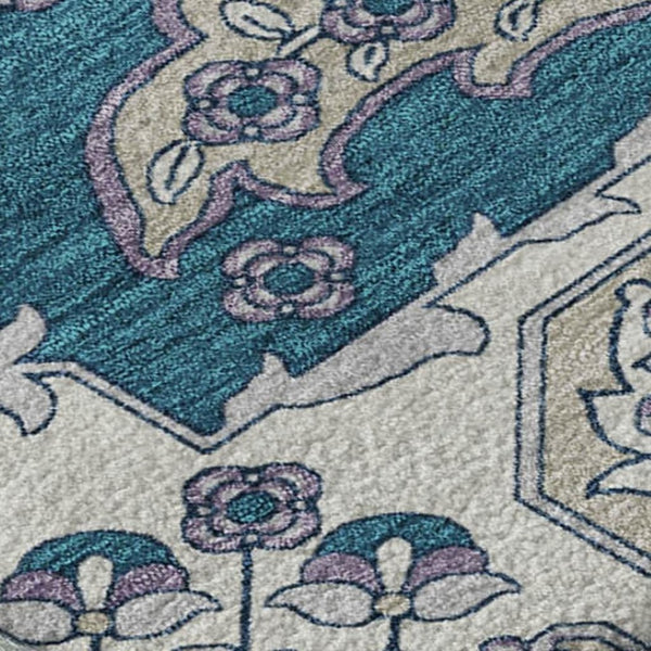 HomeRoots 10' X 14' Teal Floral Medallion Area Rug - Washable, UV Protected, Stain-Resistant & Non-Slip Backing 705875