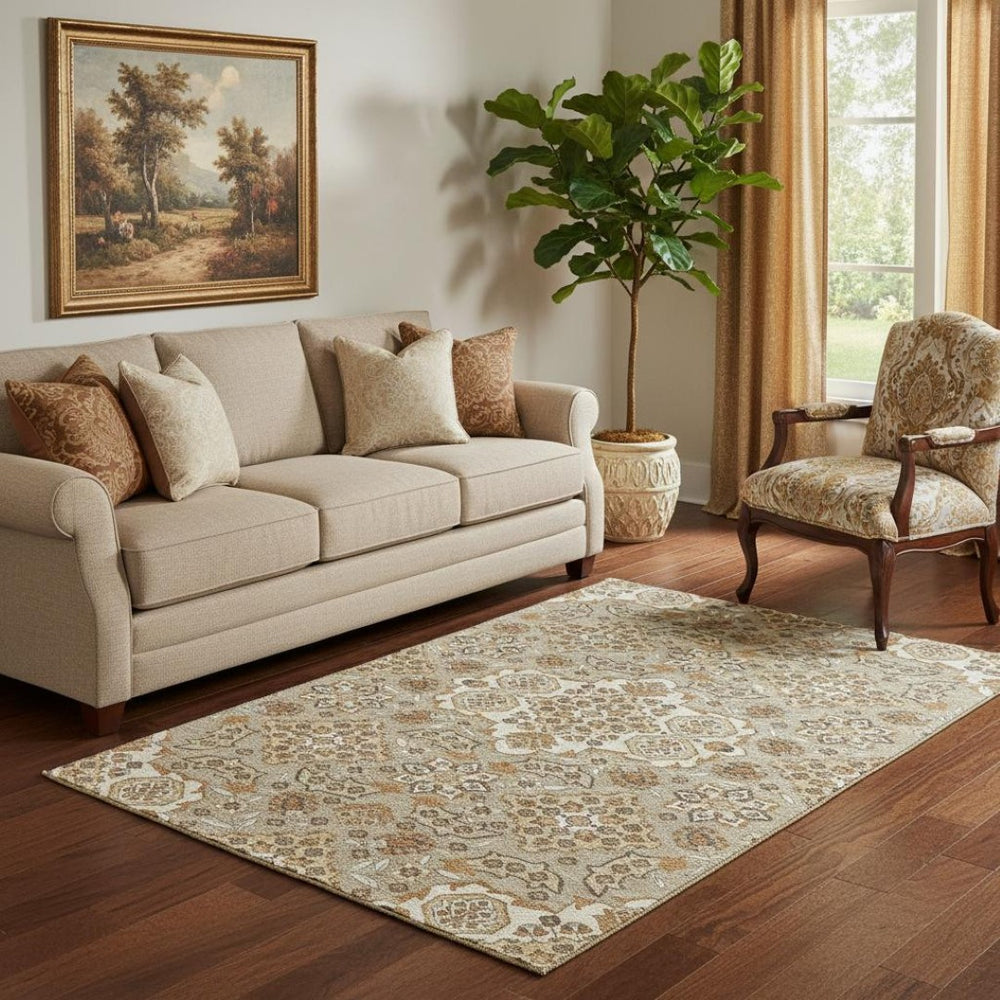 HomeRoots 5' X 8' Taupe and Beige Floral Medallion Area Rug - Stylish, Washable, UV-Protected, Durable Design 705877