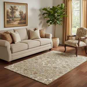 HomeRoots 5' X 8' Taupe and Beige Floral Medallion Area Rug - Stylish, Washable, UV-Protected, Durable Design 705877