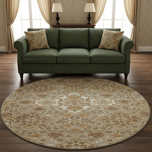 HomeRoots 8' Elegant Floral Medallion Round Rug in Taupe & Beige - Washable, UV Protected, Non-Slip Design 705878