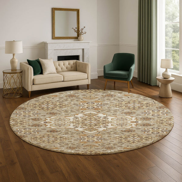 HomeRoots 8' Elegant Floral Medallion Round Rug in Taupe & Beige - Washable, UV Protected, Non-Slip Design 705878