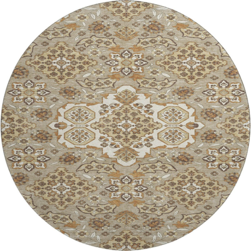 HomeRoots 8' Elegant Floral Medallion Round Rug in Taupe & Beige - Washable, UV Protected, Non-Slip Design 705878