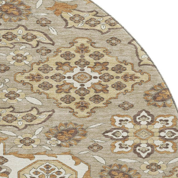 HomeRoots 8' Elegant Floral Medallion Round Rug in Taupe & Beige - Washable, UV Protected, Non-Slip Design 705878