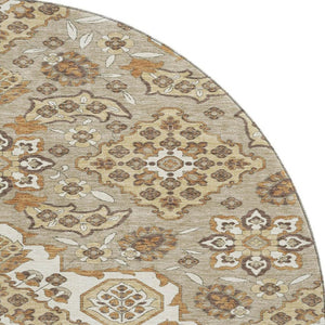 HomeRoots 8' Elegant Floral Medallion Round Rug in Taupe & Beige - Washable, UV Protected, Non-Slip Design 705878