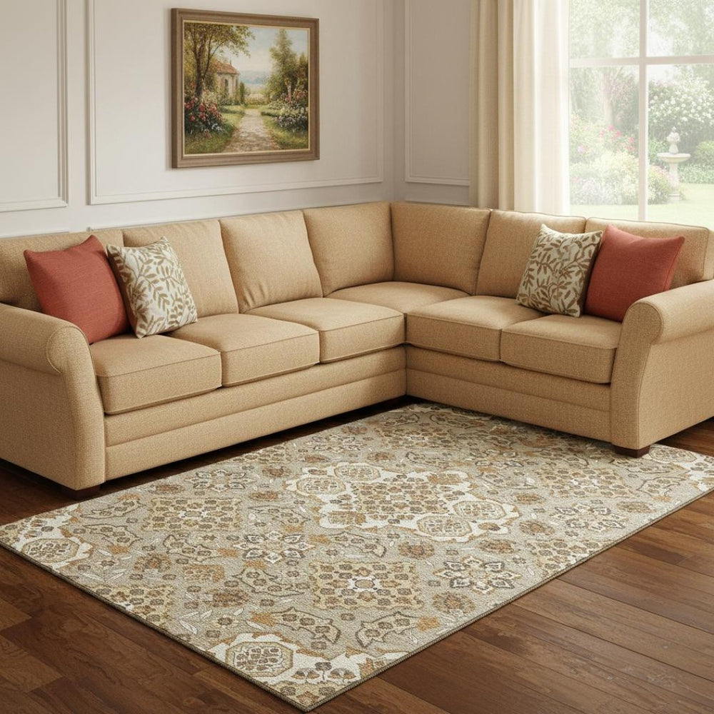 HomeRoots 8' X 10' Washable Taupe Beige Floral Medallion Area Rug with UV Protection for Modern Homes 705879