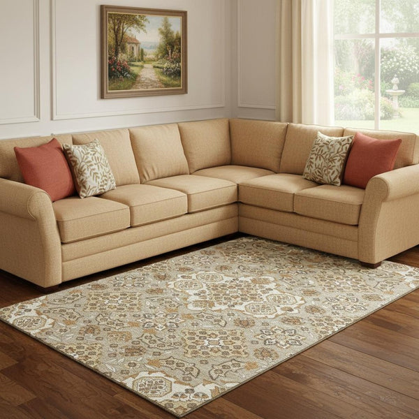 HomeRoots 8' X 10' Washable Taupe Beige Floral Medallion Area Rug with UV Protection for Modern Homes 705879