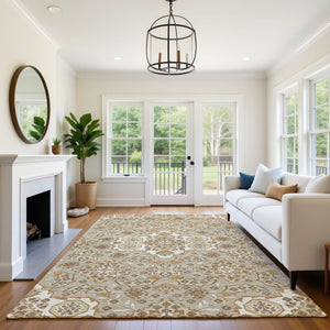 HomeRoots 8' X 10' Washable Taupe Beige Floral Medallion Area Rug with UV Protection for Modern Homes 705879