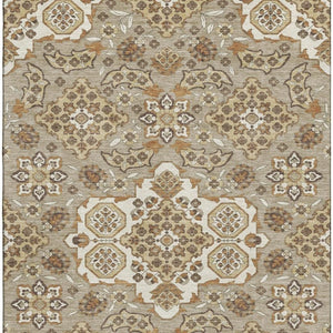 HomeRoots 8' X 10' Washable Taupe Beige Floral Medallion Area Rug with UV Protection for Modern Homes 705879