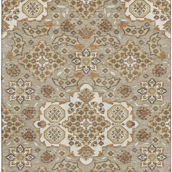 HomeRoots 8' X 10' Washable Taupe Beige Floral Medallion Area Rug with UV Protection for Modern Homes 705879