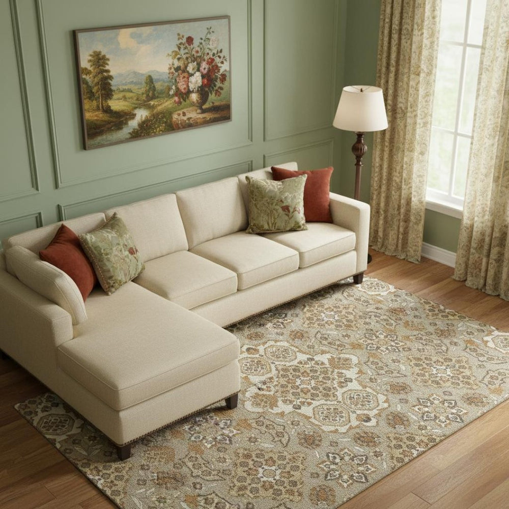 HomeRoots 9' X 12' Washable Taupe & Beige Floral Medallion Area Rug with UV Protection for Active Homes 705880