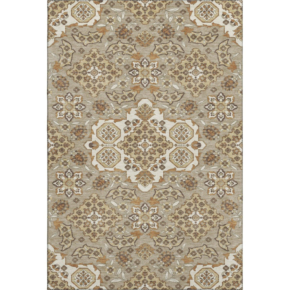 HomeRoots 9' X 12' Washable Taupe & Beige Floral Medallion Area Rug with UV Protection for Active Homes 705880