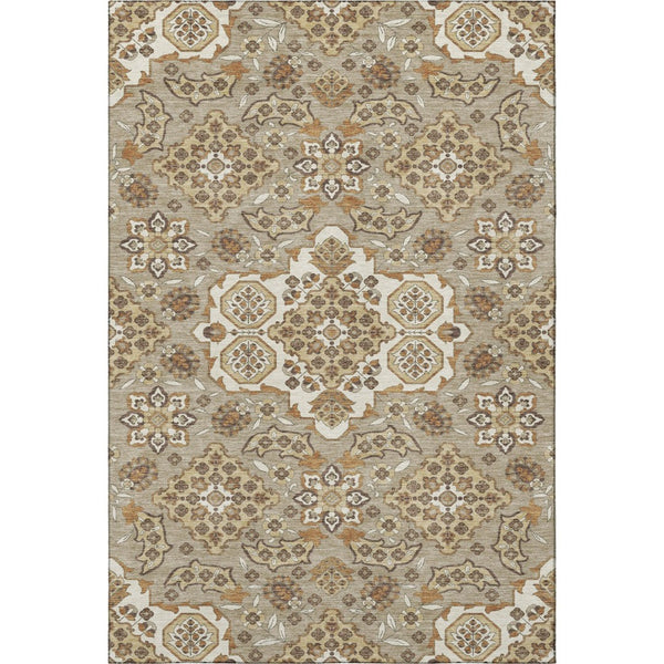 HomeRoots 9' X 12' Washable Taupe & Beige Floral Medallion Area Rug with UV Protection for Active Homes 705880