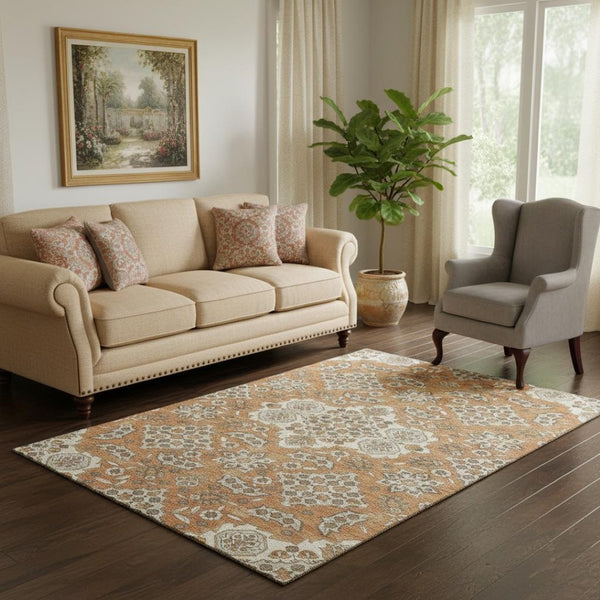 HomeRoots 5' X 8' Terra Cotta Floral Medallion Area Rug - Stain-Resistant, UV Protected, Non-Slip Backing 705883
