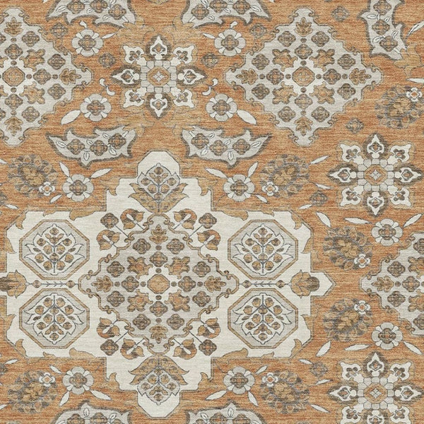 HomeRoots 5' X 8' Terra Cotta Floral Medallion Area Rug - Stain-Resistant, UV Protected, Non-Slip Backing 705883