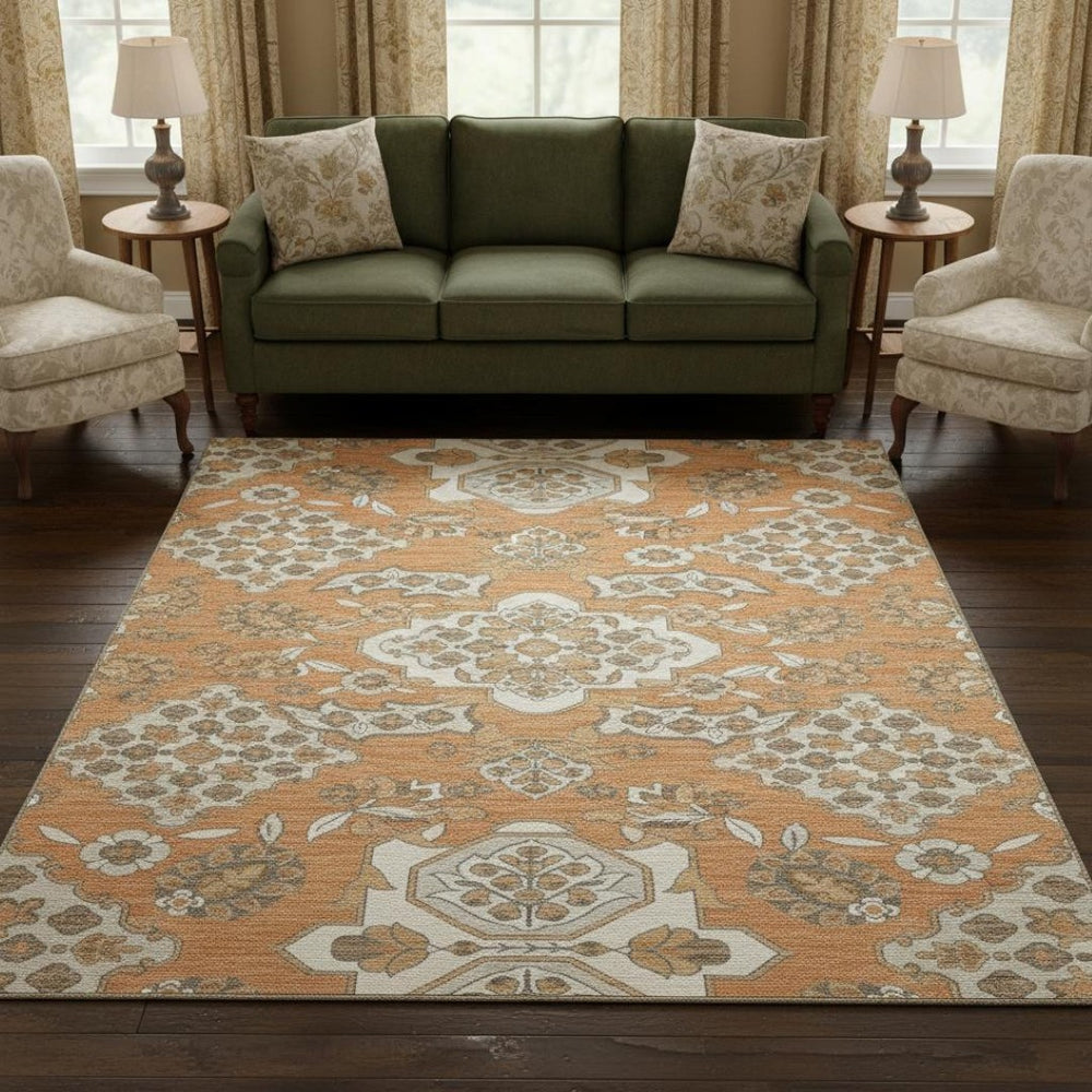 HomeRoots 8' Washable Round Rug with Terra Cotta & Beige Floral Medallion - UV Protection & Stain Resistant! 705884