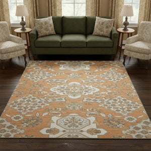 HomeRoots 8' Washable Round Rug with Terra Cotta & Beige Floral Medallion - UV Protection & Stain Resistant! 705884