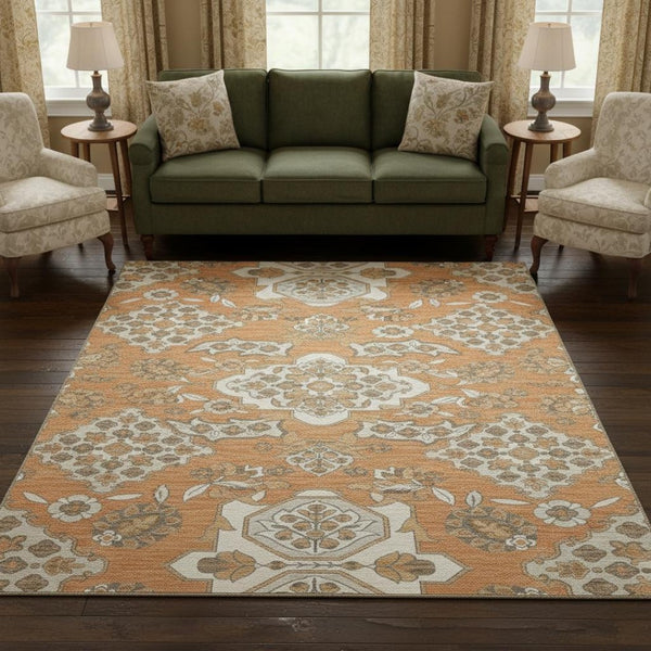 HomeRoots 8' Washable Round Rug with Terra Cotta & Beige Floral Medallion - UV Protection & Stain Resistant! 705884