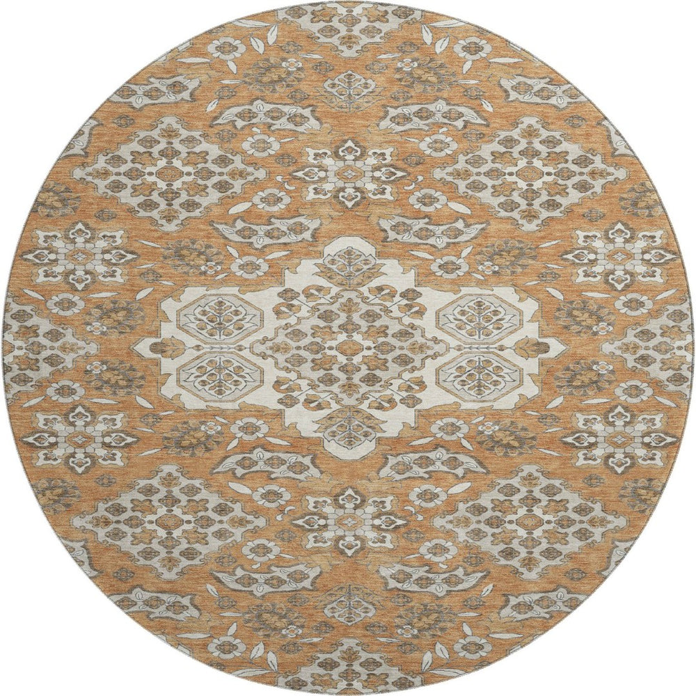 HomeRoots 8' Washable Round Rug with Terra Cotta & Beige Floral Medallion - UV Protection & Stain Resistant! 705884