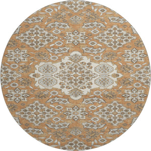 HomeRoots 8' Washable Round Rug with Terra Cotta & Beige Floral Medallion - UV Protection & Stain Resistant! 705884